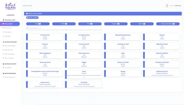 Interface de gestion d'une carte SimplyRestau